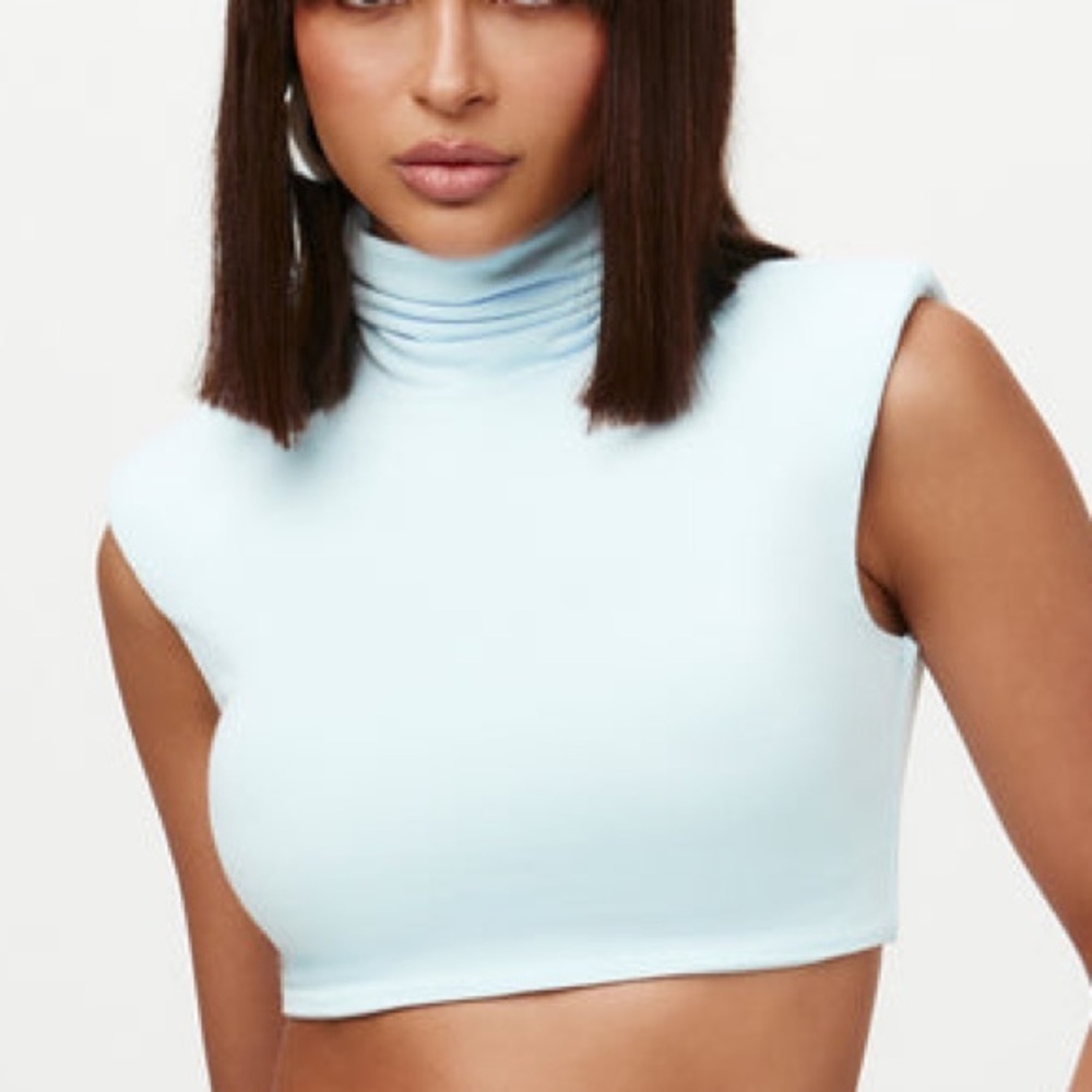 Naked Wardrobe Turtleneck Sleeveless Crop Top Light Blue New